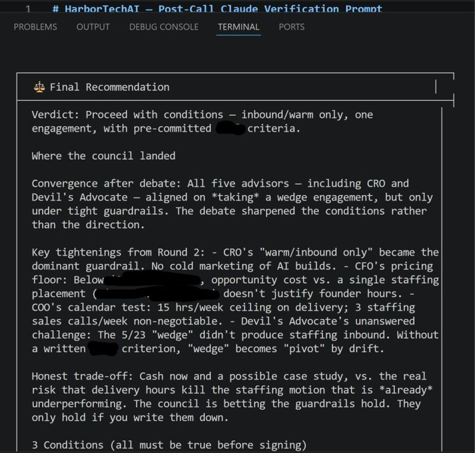 Advisory council terminal output showing final recommendation and verdict