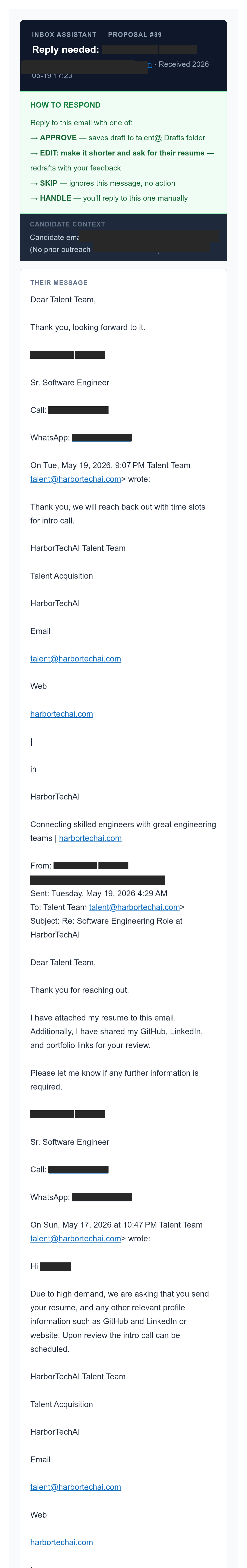 Inbox assistant — AI-drafted reply shown in context of a candidate email thread