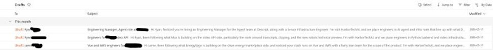Sales outreach agent output — Outlook drafts folder showing personalised emails per lead